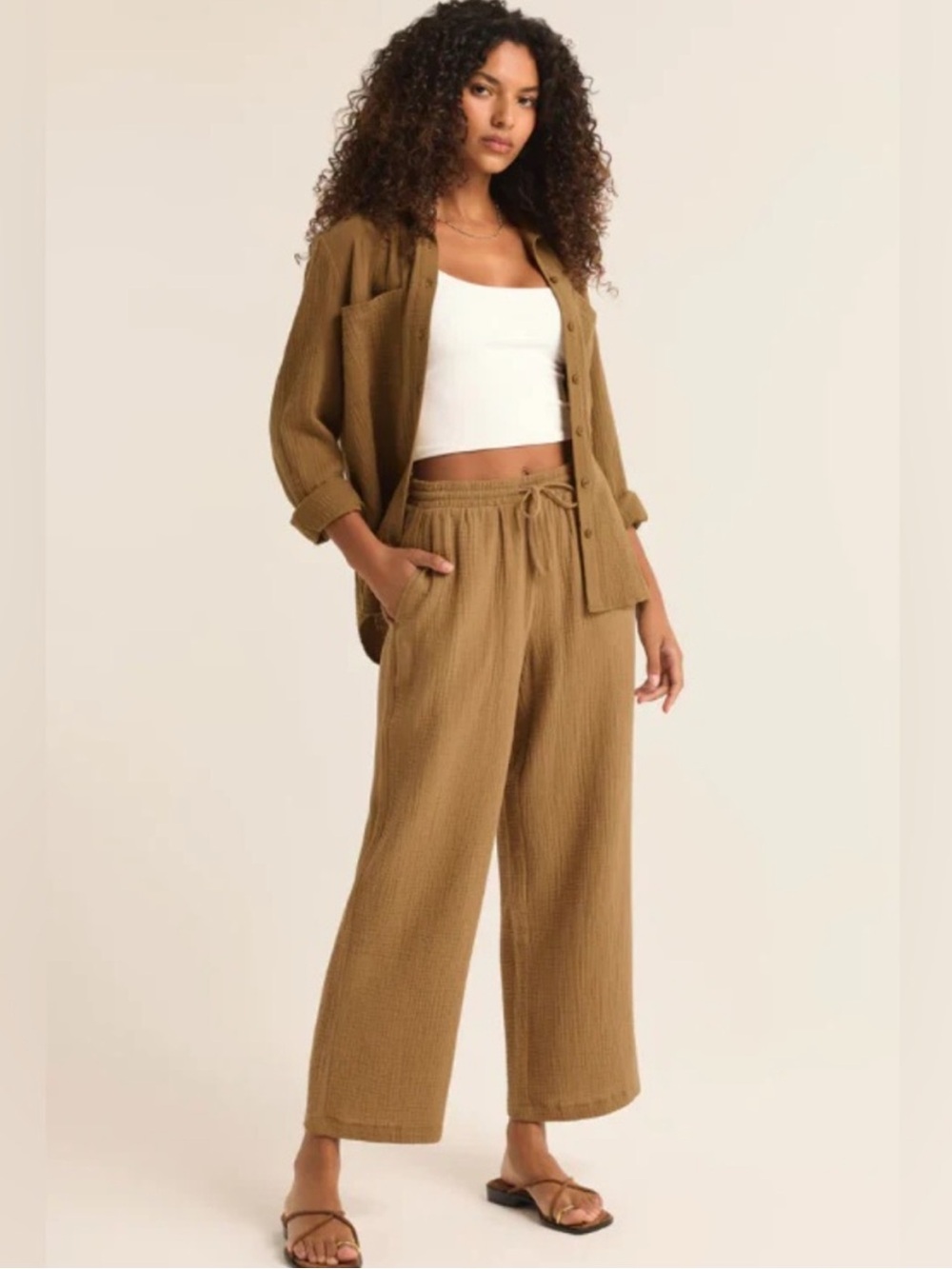 Z supply gauze button down shirt and wide leg pants set